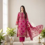 Premium Cotton Embroidery Salwar Kameez Set-Magenta Pink (Unstiched) - Image 4
